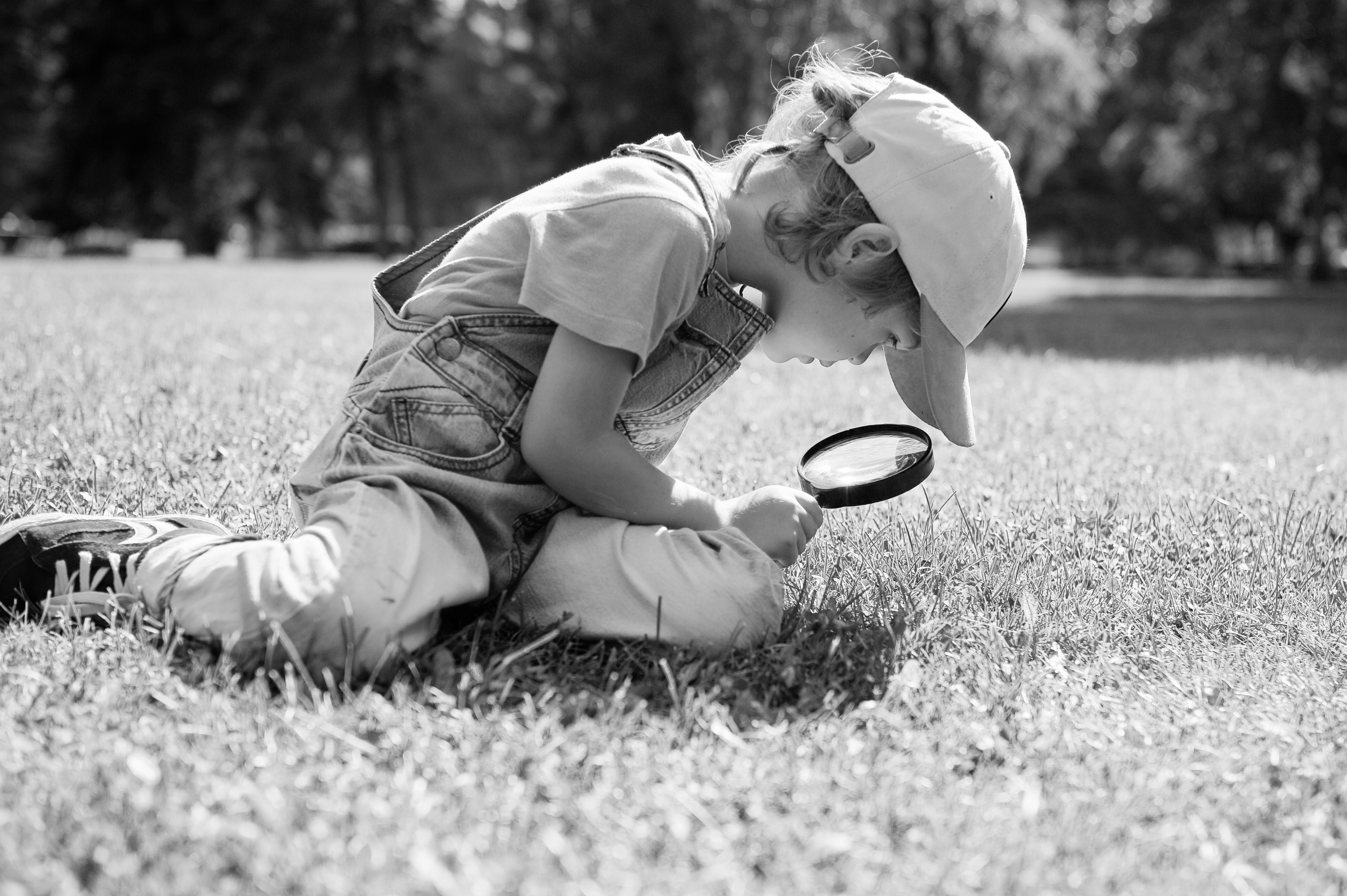 A child using a magnifying glass to look at a bug in the grass